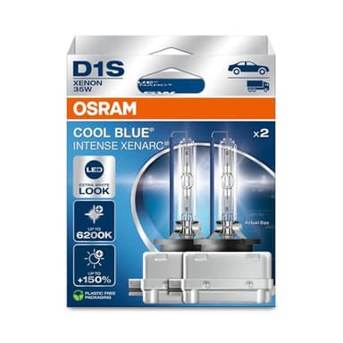 OSRAM XENARC COOL BLUE INTENSE D1S, +150% más de brillo, hasta 6200K, lámpara de faro de xenón, apariencia LED, caja plegable para colgar (2 lámparas)