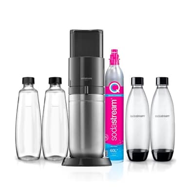 SodaStream Duo Pack - Máquina Gasificadora de Agua Color Negro con 2 Botellas Fuse de 1L 2 Botellas Fuse Glass de Cristal de 1L y 1 Cilindro de Gas Color Rosa, para Preparar hasta 60L de Agua con Gas