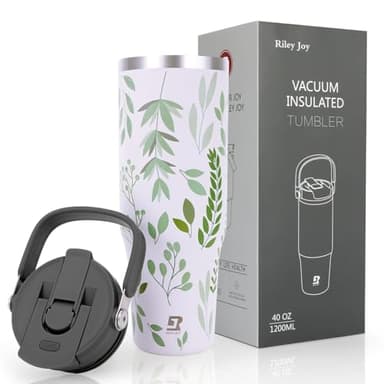Riley Joy Taza Térmica de Acero Inoxidable 1.2L con Asa y Pajita – Termo Aislante Antifugas – Lavable en Lavavajillas – Ideal para Café Caliente, Bebidas Frías, Batidos y Aventuras al Aire Libre