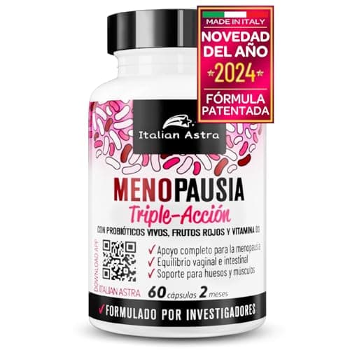 Suplemento Completo para la Menopausia, NUEVA FÓRMULA DESARROLLADA POR INVESTIGADORAS ITALIANAS, con Probióticos y Frutos Rojos, Equilibrio Vaginal e Intestinal, Sofocos, Control del Peso - 60 Cápsula