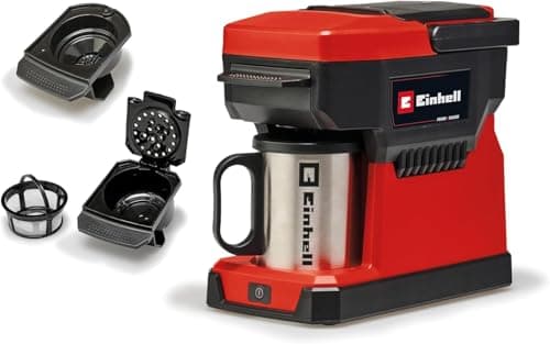 Einhell Cafetera con batería TE-CF 18 Li-Solo Power X-Change (18 V, recipiente de agua de 240 ml, para café de filtro y cápsulas de café, asa de transporte, incl. taza de café con tapa, sin batería)