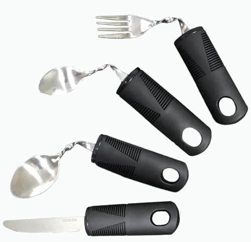 Parkinson Cubiertos Seniors, 4 Piezas Cuchara adaptables Juego de Cubiertos Discapacidad Flexible Utensilios con Mangos Anchos para Ancianos, Artritis, Parkinsons