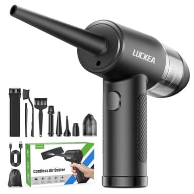 LUCKEA Aire Comprimido Limpieza PC Soplador de Aire - 3 Velocidades Aspirador Soplador de Mano Potente, 6000mAh, 3 Cepillos Antiestáticos, Air Duster Soplador Aspirador Portatil para Coche Oficina