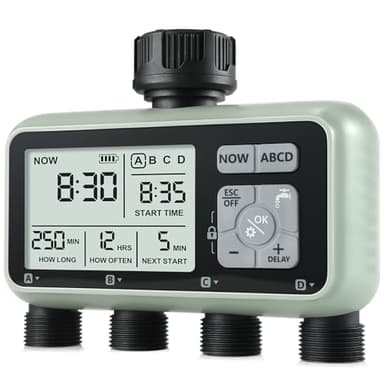 CROSOFMI Programador Riego Automatico Jardin Temporizador Riego con 4 Salidas Independientes Pantalla LCD/Operación fácil/Bloqueo para niños/Retraso por Lluvia intensa/Riego Manual