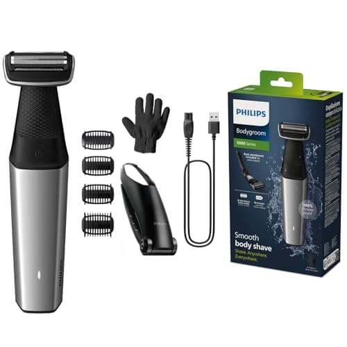 Philips BG5021/16 Afeitadora Corporal Masculina, Bodygroom Serie 5000, con Adaptador para Espalda, Impermeable, con 4 Peines-guía, 60 min de Autonomía, Negro/Plata