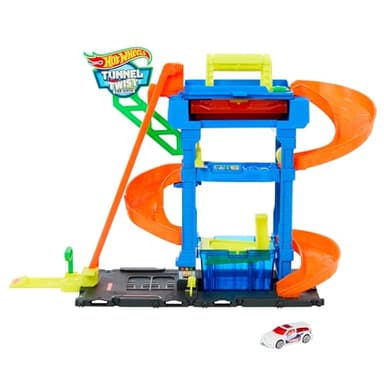 Hot Wheels City “Let's Race - ¡a correr!” Netflix -Túnel de lavado con giros Pista para coches de juguete, incluye 1 vehículo color shifter, +4 años (Mattel HTN80)