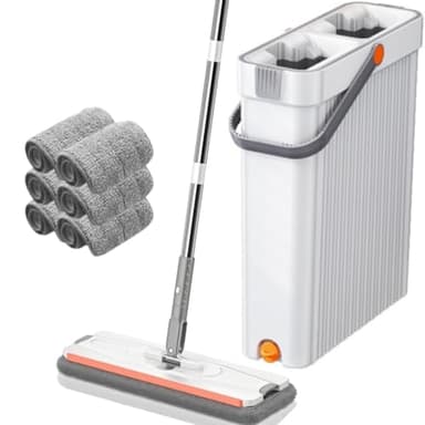 Mopa para Limpiar Azulejos Paredes Suelos Palo Largo Fregona Mopa con Cubo Escurridor Fregona Plana Mopa Cubo con 6 Almohadillas Autoescurrible Madera Parquet Ventanas Mop Bucket Trapeadora