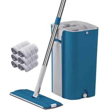Mopa para Limpiar Azulejos y Paredes Mopa Fregona con Cubo Escurridor Mopas de Limpieza Suelos Hogar Mop Trapeadora Fregona Parquet Ventanas Autoescurrible Plana con 6 Almohadillas Microfibra