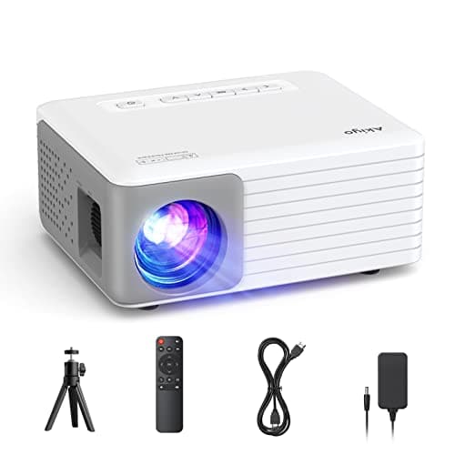 Mini Proyector Portátil con Tripode, 8000 Lumens Videoproyector Soporta HD 1080P, AKIYO Proyector Portátil Cine en Casa, para Movil/Teléfono/PC/PS4/TV Stick/HDMI, Regalo para Niños