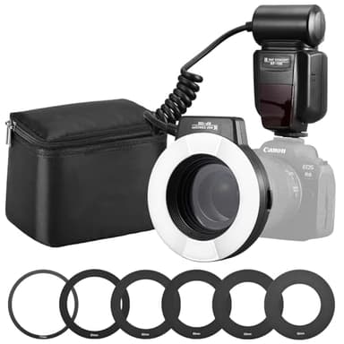 Flash Macro Canon - K&F Concept Flash Anular Anillo para Canon Compatible con E-TTL, Inalámbrica Pantalla LCD y 6 Anillos de Adaptadores 52MM 55MM 58MM 62MM 67MM 77MM para Cámara DSLR Canon