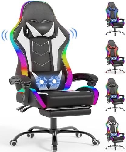 Devoko Silla Gaming con Masajeador y LED, Silla de Oficina Ergonómica con Reposapiés, Sillas Gaming para Oficina y Juegos con Iluminación RGB（Blanco）