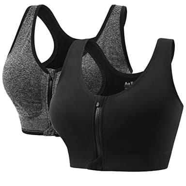 2 Piezas Sujetador Deportivo Mujer Alto Impacto con Cremallera Delantera Almohadillas Extraíbles Sport Bra Top para Yoga Gimnasio Correr (Negro Gris,XL)