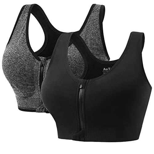 2 Piezas Sujetador Deportivo Mujer Alto Impacto con Cremallera Delantera Almohadillas Extraíbles Sport Bra Top para Yoga Gimnasio Correr (Negro Gris,XL)