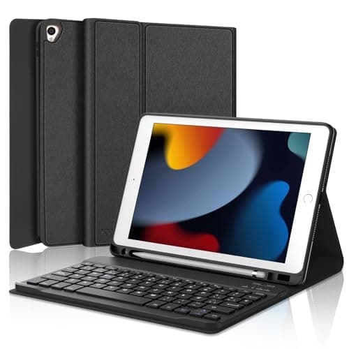 KVAGO Funda con Teclado iPad 9a generación - Español Bluetooth Desmontable Teclado para iPad 9ª Gen 2021/8ª Gen 2020/7ª Gen 2019 (10,2 Pulgadas)/ Air 3 / Pro 10.5, Negro