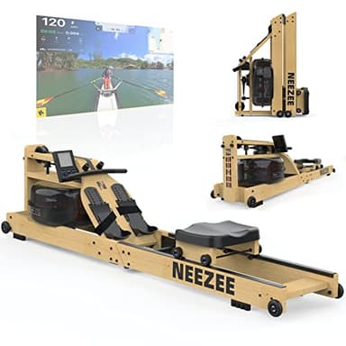 Neezee Máquina de Remo para Casa, Máquina Remo Plegable de Agua de Madera Maciza Duradera con Pantalla LCD y Reposapiés Ajustable，Fácil de Mover para Entrenamiento en Casa, Kinomap App