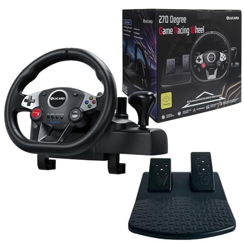 DuLingKer Volante PC con Pedales, Volante de Juegos 270° para PC/PS4/Switch/PS3/Xbox One/Xbox 360/Android TV, Volante de Carreras con Pedales y Paletas de Cambio, Vibración Feedback