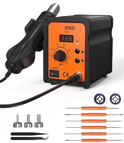 FAOKZE Estación de soldadura de aire caliente 700W,858D Hot Air Soldering Rework SMD Station 100°C-480°C,estación de soldadura con accesorios con 3 nozzles,2 pinzas,2 rollos de hilo para soldar.