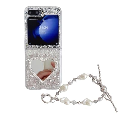 SCJLSDA Funda Movil Brillante para Samsung Galaxy Z Flip 6, Bonito Patrón de Corazón de Espejo, Lujoso Cristal Brillante Lentejuelas Láser Reflectante, con Exquisita Pulsera para Mujeres y Niñas