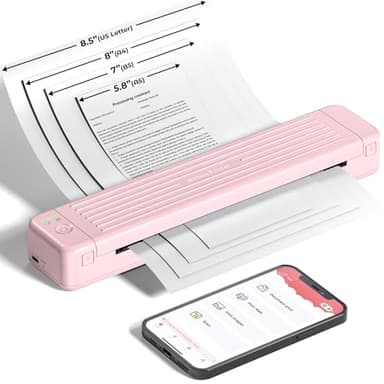 ASprink Impresora portátil A4 para viajes, P831, impresora Bluetooth, pequeña para carta, A4, B5, A5, impresora pequeña, compacta para papel normal/papel térmico, color rosa