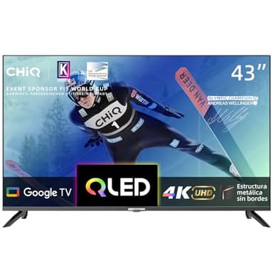 CHiQ U43QM8G Smart Google TV de 43 Pulgadas, QLED UHD con HDR, sin Marcos, con Google TV, Dolby Audio, Triple sintonizador, Wi-Fi 2.4G/5G, Asistente de Google, HDMI 2.1, USB 2.0, 2024