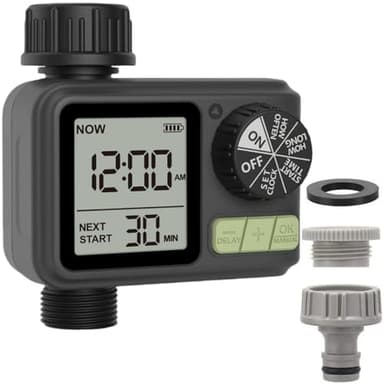 Programador Riego Automatico Jardin Temporizador Riego IPX5 Resistente al Agua/Retraso por Lluvia/Modo de Riego Manual/Bloqueo para Niños