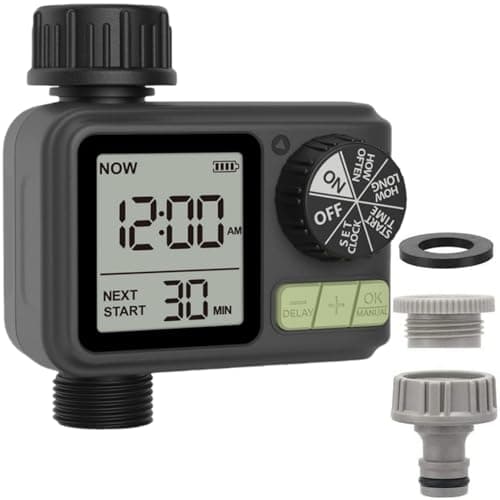 Programador Riego Automatico Jardin Temporizador Riego IPX5 Resistente al Agua/Retraso por Lluvia/Modo de Riego Manual/Bloqueo para Niños