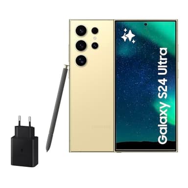 Samsung Galaxy S24 Ultra y Cargador 45W, Teléfono Móvil con IA, Smartphone Android, 12 GB RAM, 512 GB Almacenamiento, Cámara 200MP, S Pen, Batería Larga Duración, Amarillo Titanium (Versión Española)
