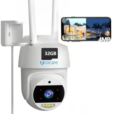 UCOCARE 2K 4MP Camara Vigilancia WiFi Exterior con Tarjeta Memoria 32G, PTZ Camara 360°, Seguimiento Auto, Grabación 24/7, PIR Detección Humana, 35m Visión Nocturna Color, Audio Bidireccional, IP67