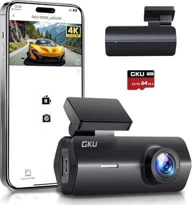 Cámara de Coche WiFi GKU Dashcam UHD 4K 2160P con Tarjeta 64G, Super Visión Nocturna, WDR, Diseño Ultra-Compacto, Gran Angular 170°, Sensor G, Grabación en Bucle, Monitor de Aparcamiento 24H, MAX 256G