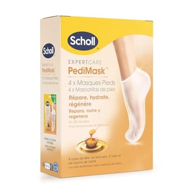 Scholl Mascarilla para pies ExpertCare - Pack de 4 pares - Pies más suaves y lisos en 1 uso - Hidratación intensa con miel de Manuka, urea y manteca de karité - Hidrata y repara la piel seca