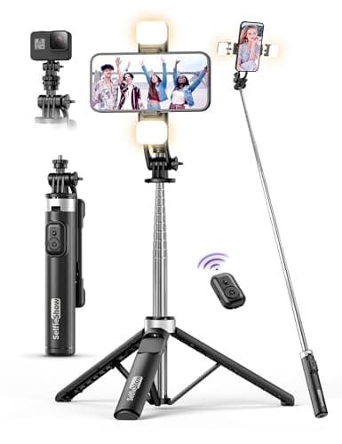 Palo Selfie Tripode con 2 Luces, Tripode para Movil 135CM Extra Largo con Control Remoto Desmontable, Selfie Stick con 1/4 de Tornillo Compatible con iPhone 15 14 13 12 11/Android/Gopro/Camara