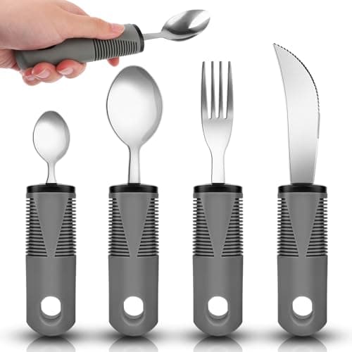 Parkinson Juego de 4 cubiertos para personas mayores, mango extraancho, herramienta de asistencia para el Parkinson con cuchillo, tenedor, cuchara para discapacitados, artritis, personas mayores,