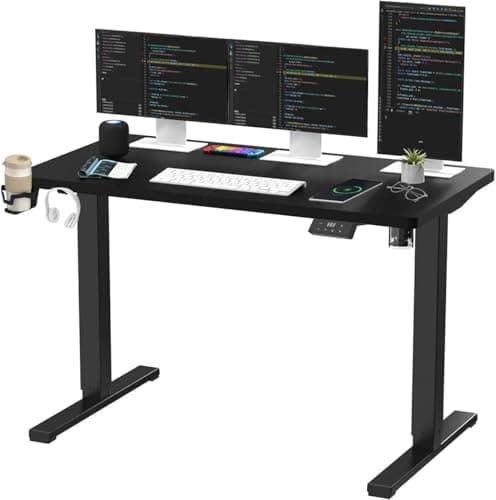 SANODESK QS Escritorio Elevable Eléctrico 140x60 cm, con Controlador de Pantalla Digital y Memoria, Gancho para Auriculares y Soporte para Bebidas, Escritorio Ergonómico para Oficina y Hogar - Negro