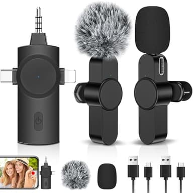 Micrófonos Inalámbricos Solapa para iPhone/Android/Cámara/PC，3 en 1 Micrófono Lavalier Inalámbrico Conector USB-C/3,5 mm/USB,Micro Inalambrico Plug&Play,para Grabación de Video, Youtube, TikTok