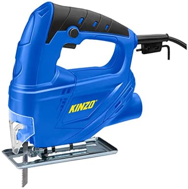 Kinzo Sierra de calar – 230 V – 400 W – con extracción de polvo – Hoja protectora – Varios materiales – Madera hasta 65 mm – Metal hasta 6 mm – Azul, 8711252064161
