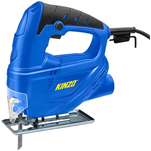 Kinzo Sierra de calar – 230 V – 400 W – con extracción de polvo – Hoja protectora – Varios materiales – Madera hasta 65 mm – Metal hasta 6 mm – Azul, 8711252064161
