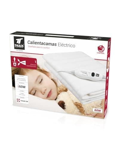 Calientacamas eléctrico en color blanco, dimensiones: 150 * 80 cm, lavable. 2 ajustes de temperatura. Potencia: 60W. THULOS TH-EB300.