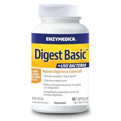 Enzymedica, Digest Basic + Live Bacteria, Fórmula Enzimática, Reduce los Gases y la Hinchazón, Mejora la Absorción de Nutrientes y la Energía, Sin gluten, Sin lácteos, 90 Cápsulas