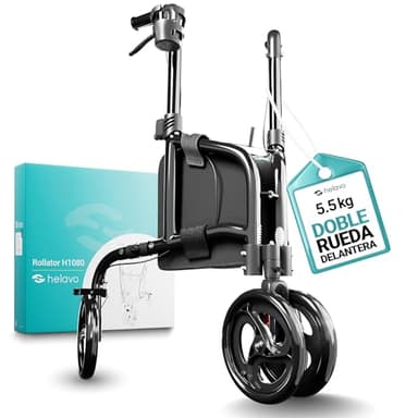 Helavo Andador de 3 Ruedas con Ruedas Dobles Delanteras - sólo 5,5 kg, Plegable, Estrecho, Andador para Adulto de Interior y Exterior, Andador Para Anciano de Aluminio