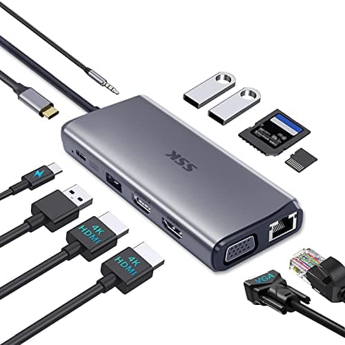 SSK Laptop USB C Docking Station Dual Monitor, HDMI 4K/60Hz Multiport Adapter 11 en 1 Type C Hub, Thunderbolt Dock Triple Display con 2 HDMI+VGA,RJ45 Ethernet,100W PD,3 USB para MacBook