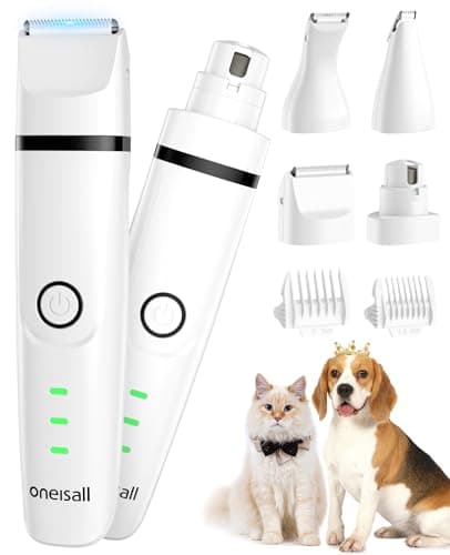 oneisall 4 en 1 silencioso Cortapelos para Perros y Gatos, cortapelos y cortauñas recargable con 4 cabezales de corte multifuncionales para todo el cuerpo (Blanco)