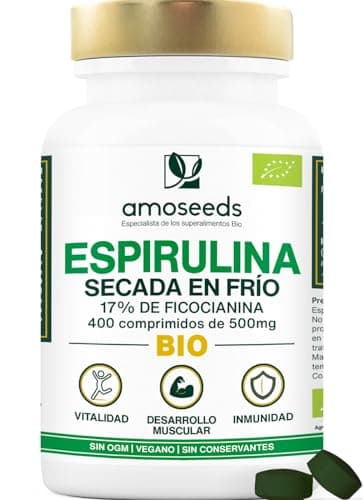 Espirulina BIO, 4500mg / día | 17% Ficocianina, Secada en frío | Saciante, Energía, Proteínas, Hierro | 400 comprimidos veganos de 500mg | Primera Calidad