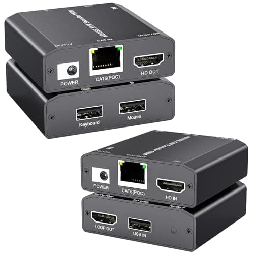 YOUTINGHDAV HDMI USB KVM Extender, Lossless Latency HDMI KVM Extender over IP Ethernet up to 150M via CAT6 / CAT5e,Plug and Play,Support 1080P@60Hz, Loop Out, POE, Mouse and Keyboard Remote Control PC