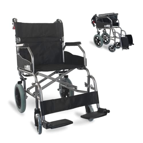 Mobiclinic, Silla de Ruedas tránsito, Museo, Plegable, Aluminio, Ultraligera, Freno en manetas, Respaldo abatible, Asiento 45 cm, Reposapiés, Reposabrazos, Color Negro