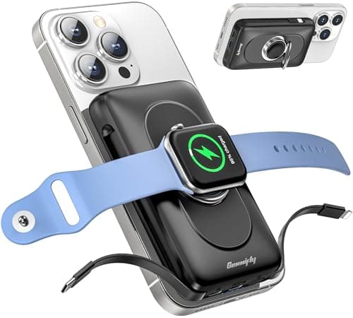 Power Bank 5 en 1 para Apple Watch y iPhone, mag-Safe Power Bank de 10000 mAh con USB-C y iOS Cable, Cargador portátil con Soporte de Anillo para iPhone 16/15/14/13/12/Pro/Pro MAX/Plus/Watch 9/8/7