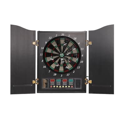 Diana electrónica profesional con puertas, 4 indicadores LED, 27 juegos diferentes, 243 variantes de juego para hasta 16 jugadores (negro con puertas, 102 x 62 cm)