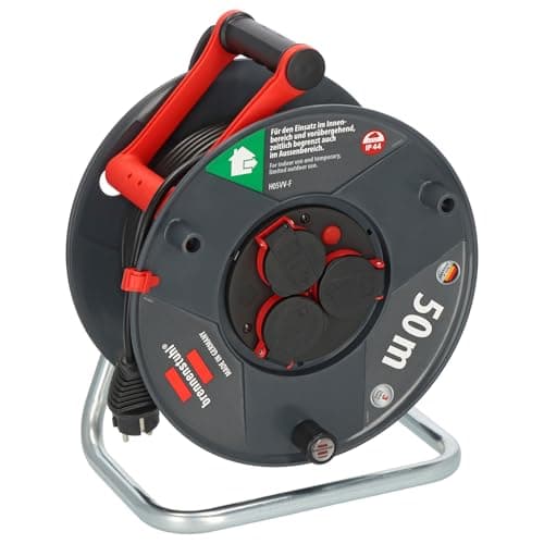 Brennenstuhl Enrollacables Garant V2 IP44 50m exterior (Made in Germany, 3 tomas de corriente con contacto de puesta a tierra con protección táctil mejorada, plástico especial)