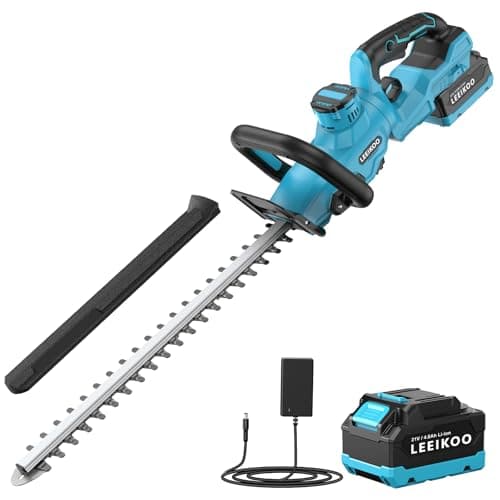 Cortasetos Bateria, LEEIKOO Cortasetos Eléctrico con 4.0Ah Bateria, 180° Ajustable Podadora, 51 cm Longitud Hoja, 16 mm Espacio Entre Dientes, Cubierta Cuchillas para Setos, Ramas, Arbustos, Ramitas