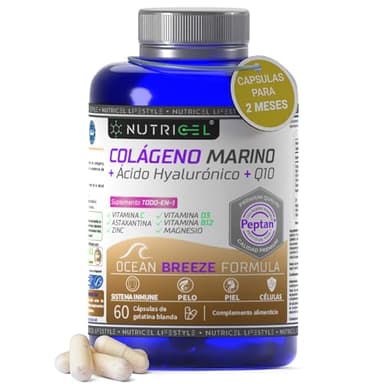 Colágeno Marino Hidrolizado Peptan® + Ácido hialuronico + Magnesio + Astaxantina + CoQ10 + Zinc + Vitaminas C, D3 y B12 - Articulaciones Fuertes, Piel Tersa y Energía - Probada en laboratorio.