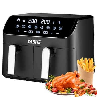 YASHE Freidora de Aire con Compartimento Doble, 9L Dual Air Fryer con Función SYNC, 8 en 1 Preajustes de Cocción Pantalla Táctil Freidora Aire, Cocción Rápida y Saludable Freidora Sin Aceite